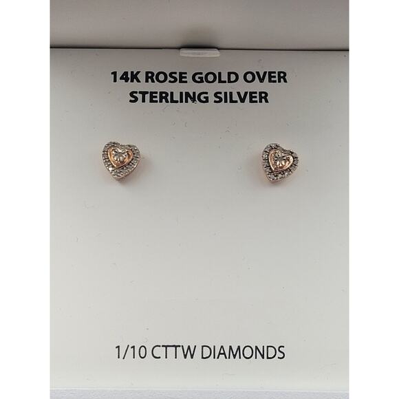 R H Macy & Co 14K Rose Gold Over Sterling Silver Heart Studs 1/10 CT TW Diamonds - Picture 1 of 6